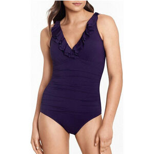 Ralph Lauren Ruffle Underwire One-piece Swimsuit Eggplant Solid Purple 0 NEW